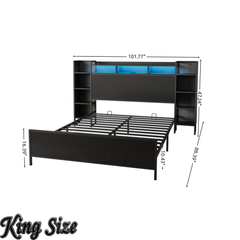 Bellemave® Heavy Duty Metal Platform Bed with Bookcase Headboard, Charging Station & LED Lights, Captain Bedframe with Storage, Black - Bellemave
