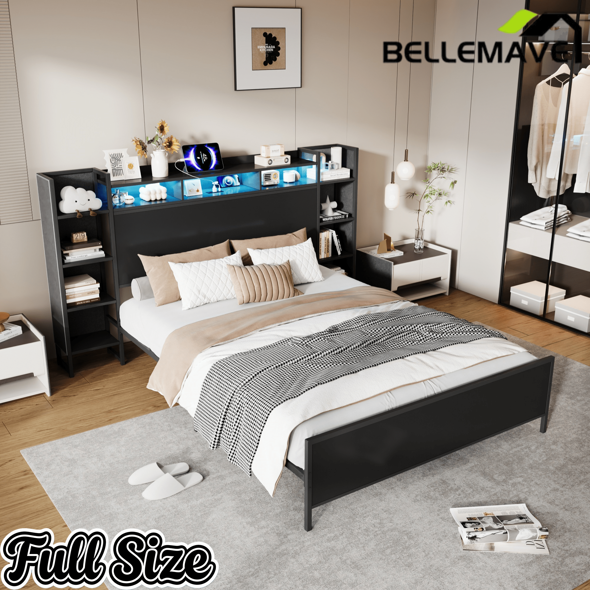 Bellemave® Heavy Duty Metal Platform Bed with Bookcase Headboard, Charging Station & LED Lights, Captain Bedframe with Storage, Black - Bellemave
