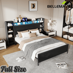 Bellemave® Heavy Duty Metal Platform Bed with Bookcase Headboard, Charging Station & LED Lights, Captain Bedframe with Storage, Black - Bellemave