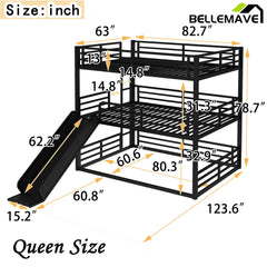Bellemave® Heavy - duty Metal Triple Bunk Bed with Slide and Safety Guardrails - Bellemave