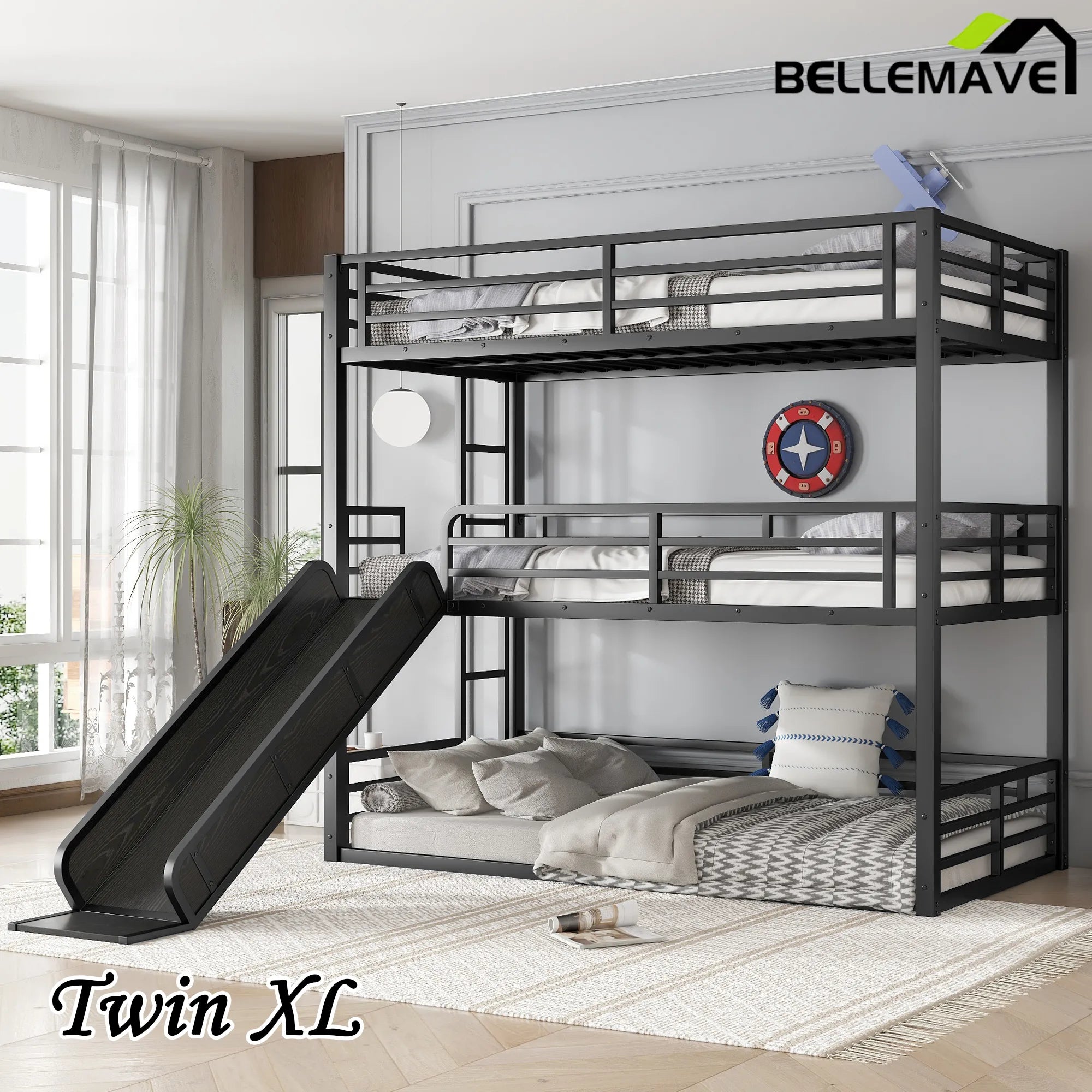 Bellemave® Heavy - duty Metal Triple Bunk Bed with Slide and Safety Guardrails - Bellemave