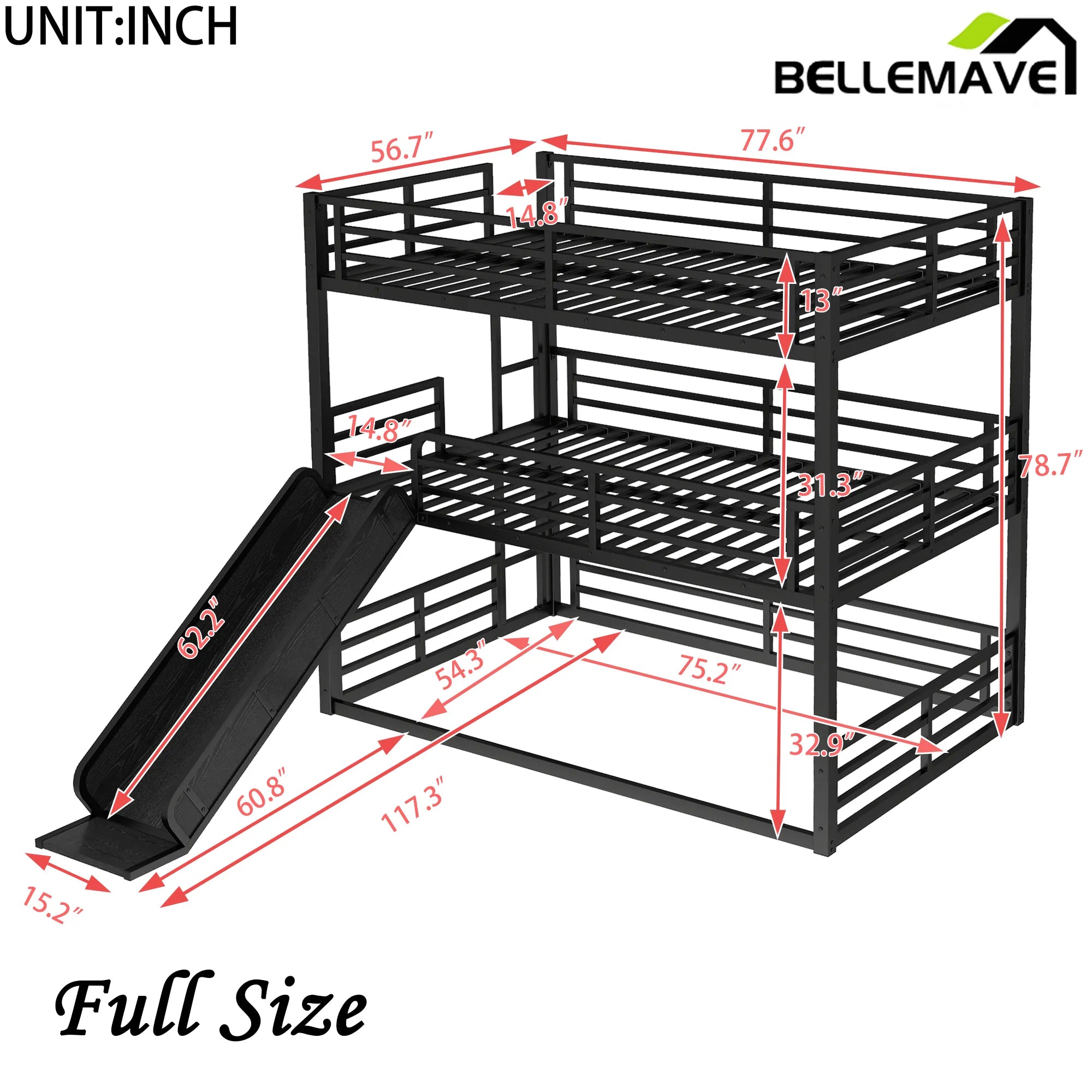 Bellemave® Heavy - duty Metal Triple Bunk Bed with Slide and Safety Guardrails - Bellemave