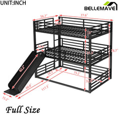 Bellemave® Heavy - duty Metal Triple Bunk Bed with Slide and Safety Guardrails - Bellemave
