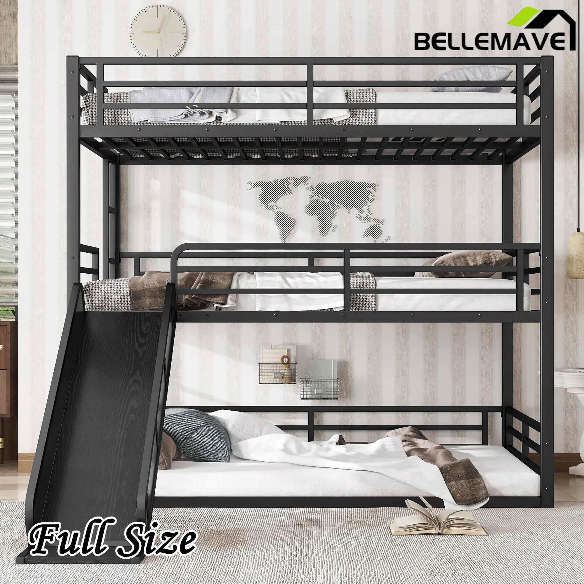 Bellemave® Heavy - duty Metal Triple Bunk Bed with Slide and Safety Guardrails - Bellemave