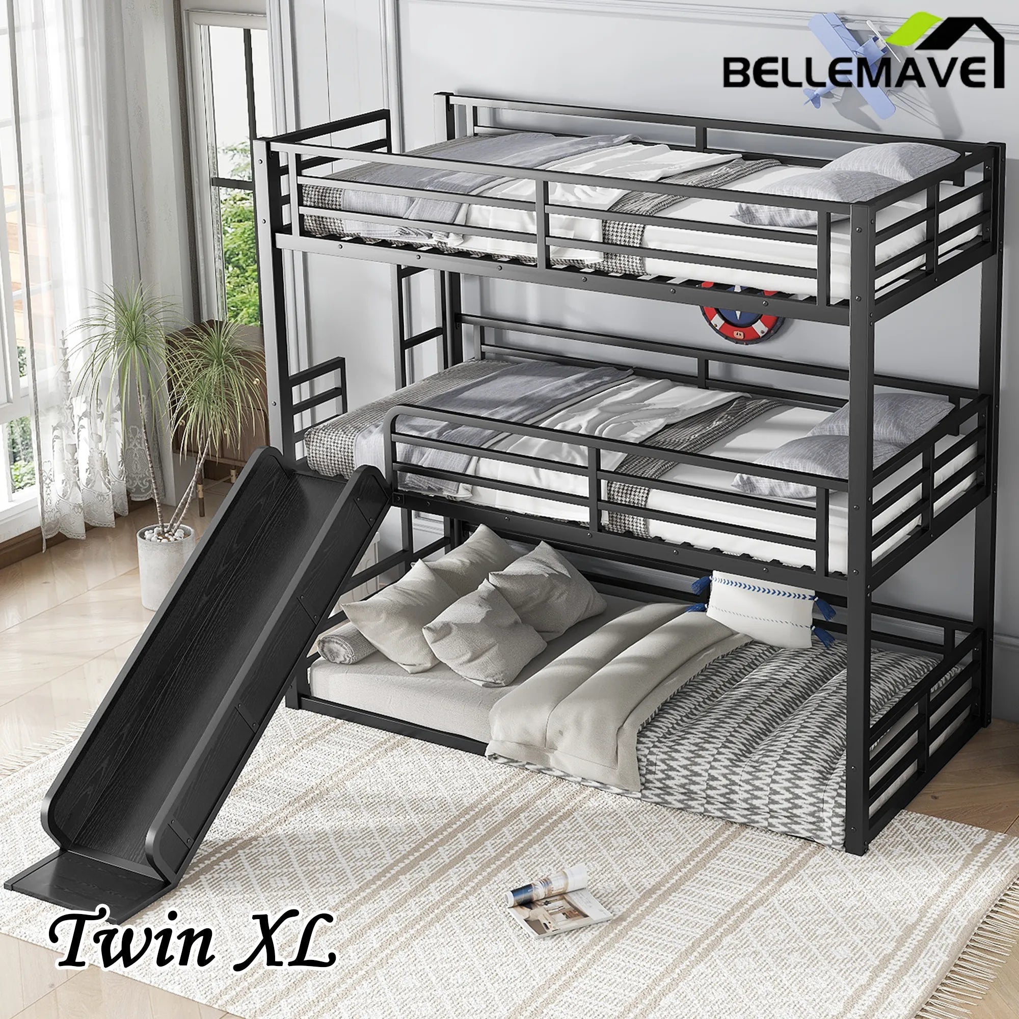 Bellemave® Heavy - duty Metal Triple Bunk Bed with Slide and Safety Guardrails - Bellemave
