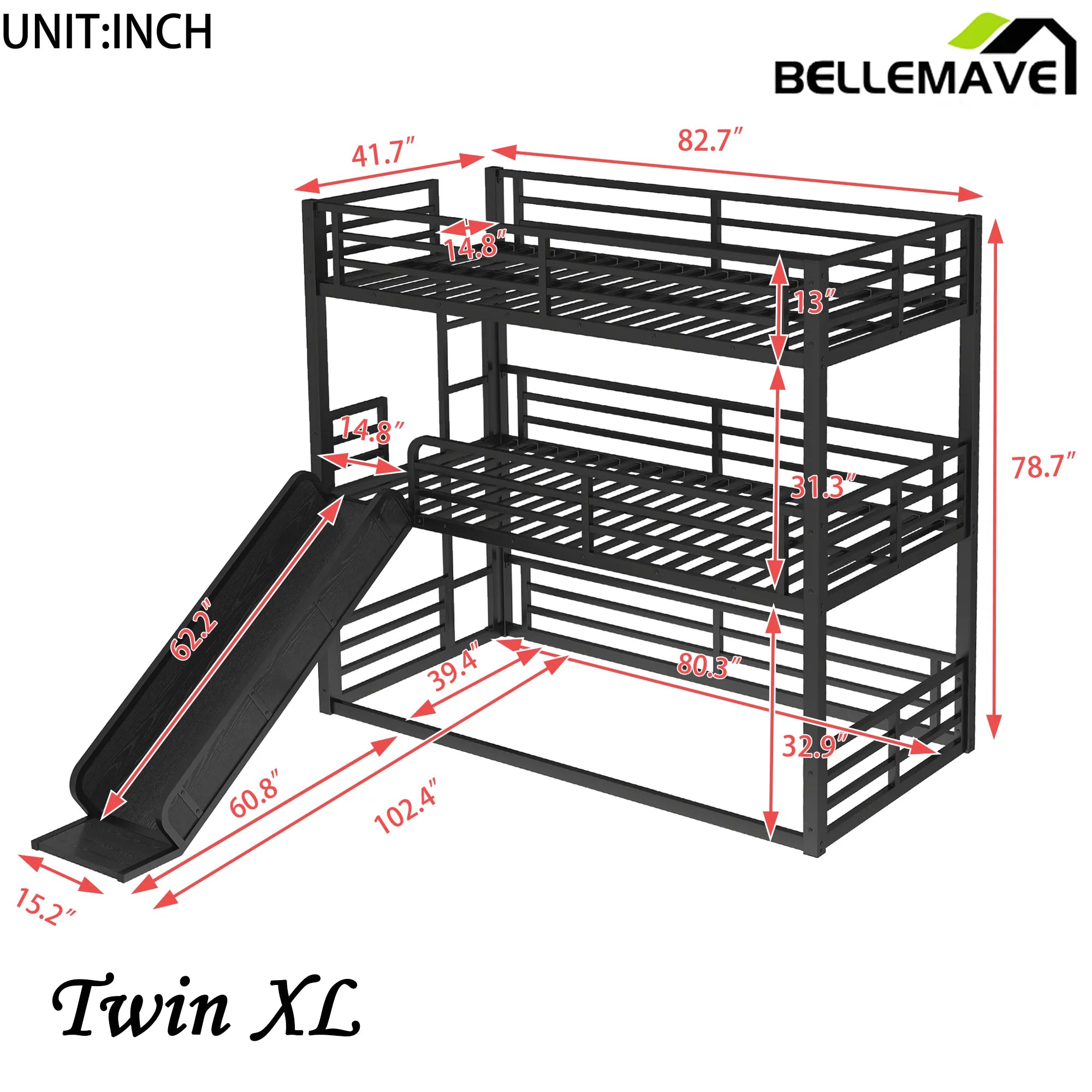 Bellemave® Heavy - duty Metal Triple Bunk Bed with Slide and Safety Guardrails - Bellemave