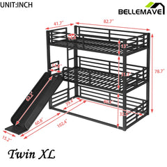 Bellemave® Heavy - duty Metal Triple Bunk Bed with Slide and Safety Guardrails - Bellemave