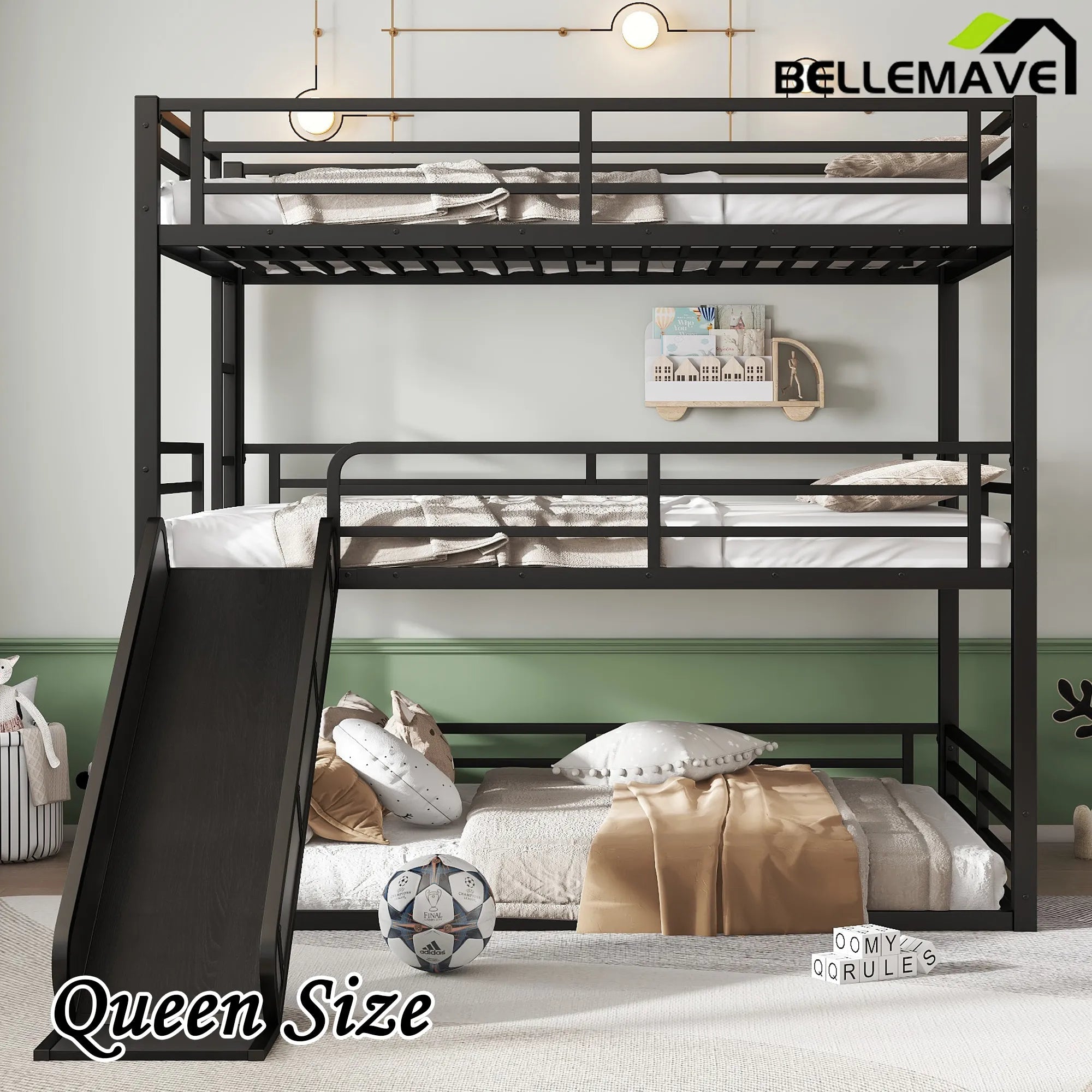 Bellemave® Heavy - duty Metal Triple Bunk Bed with Slide and Safety Guardrails - Bellemave