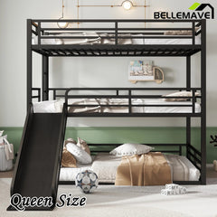 Bellemave® Heavy - duty Metal Triple Bunk Bed with Slide and Safety Guardrails - Bellemave