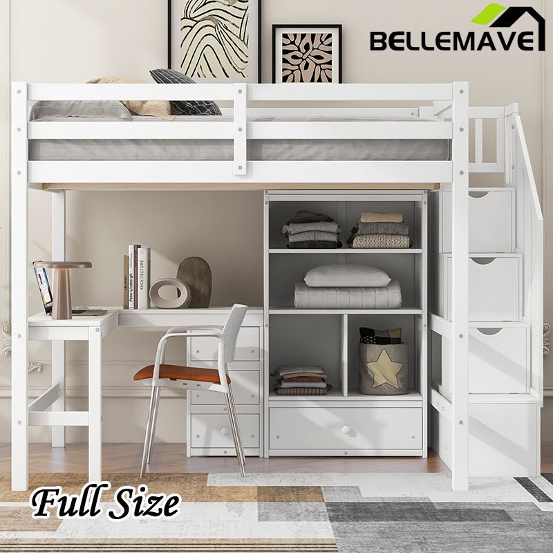 Bellemave® High Loft Bed with L - Shaped Desk and Drawers, Cabinet and Storage Staircase - Bellemave