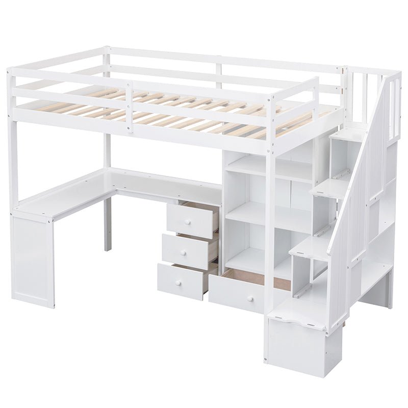 Bellemave® High Loft Bed with L - Shaped Desk and Drawers, Cabinet and Storage Staircase - Bellemave