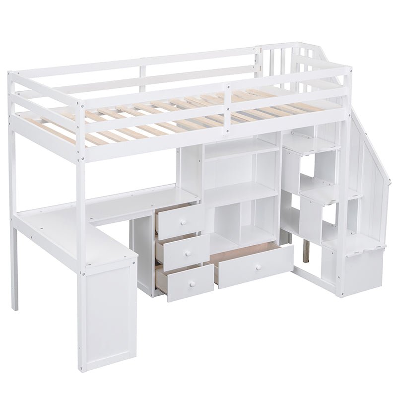 Bellemave® High Loft Bed with L - Shaped Desk and Drawers, Cabinet and Storage Staircase - Bellemave