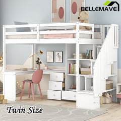 Bellemave® High Loft Bed with L - Shaped Desk and Drawers, Cabinet and Storage Staircase - Bellemave