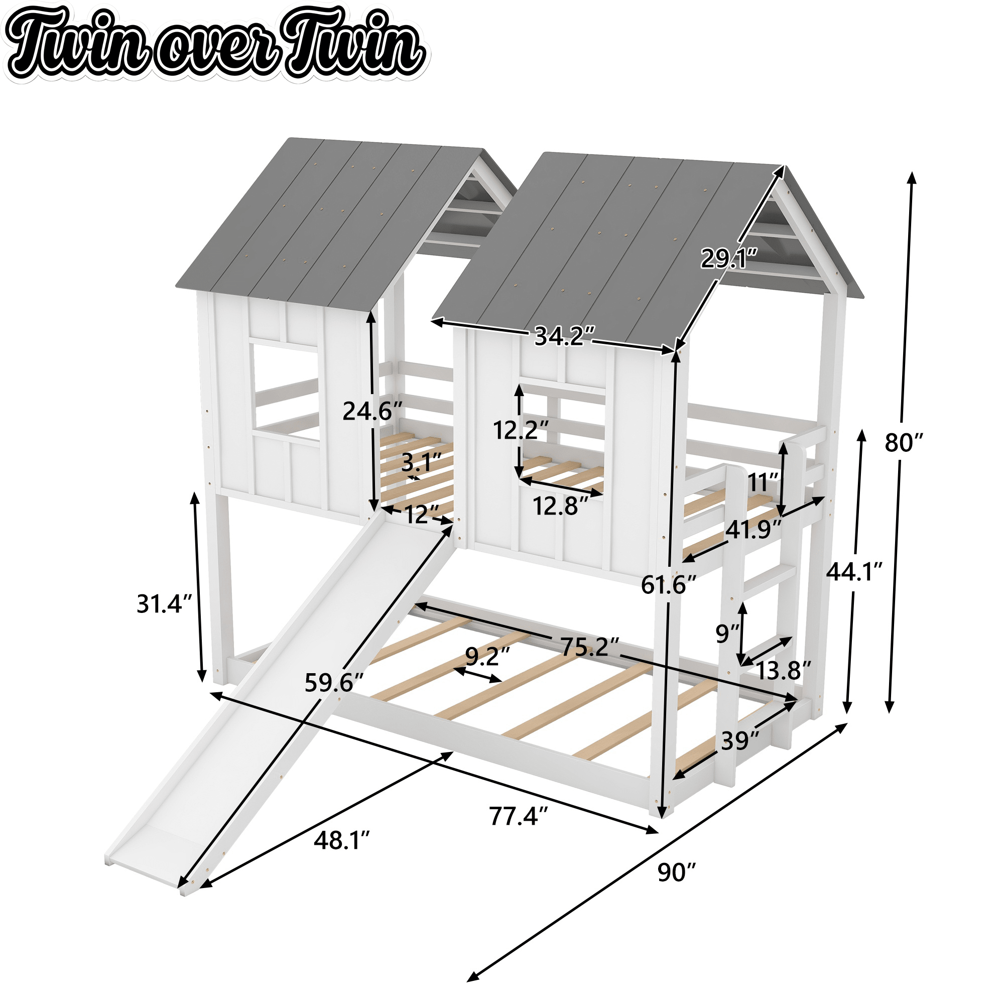 Bellemave® House Bed Bunkbeds with Windows, Twin Over Twin Size Bunkbeds with Ladder & Slide, Wood Low Bunkbeds with Roof & Guard Rail for Kids, White - Bellemave
