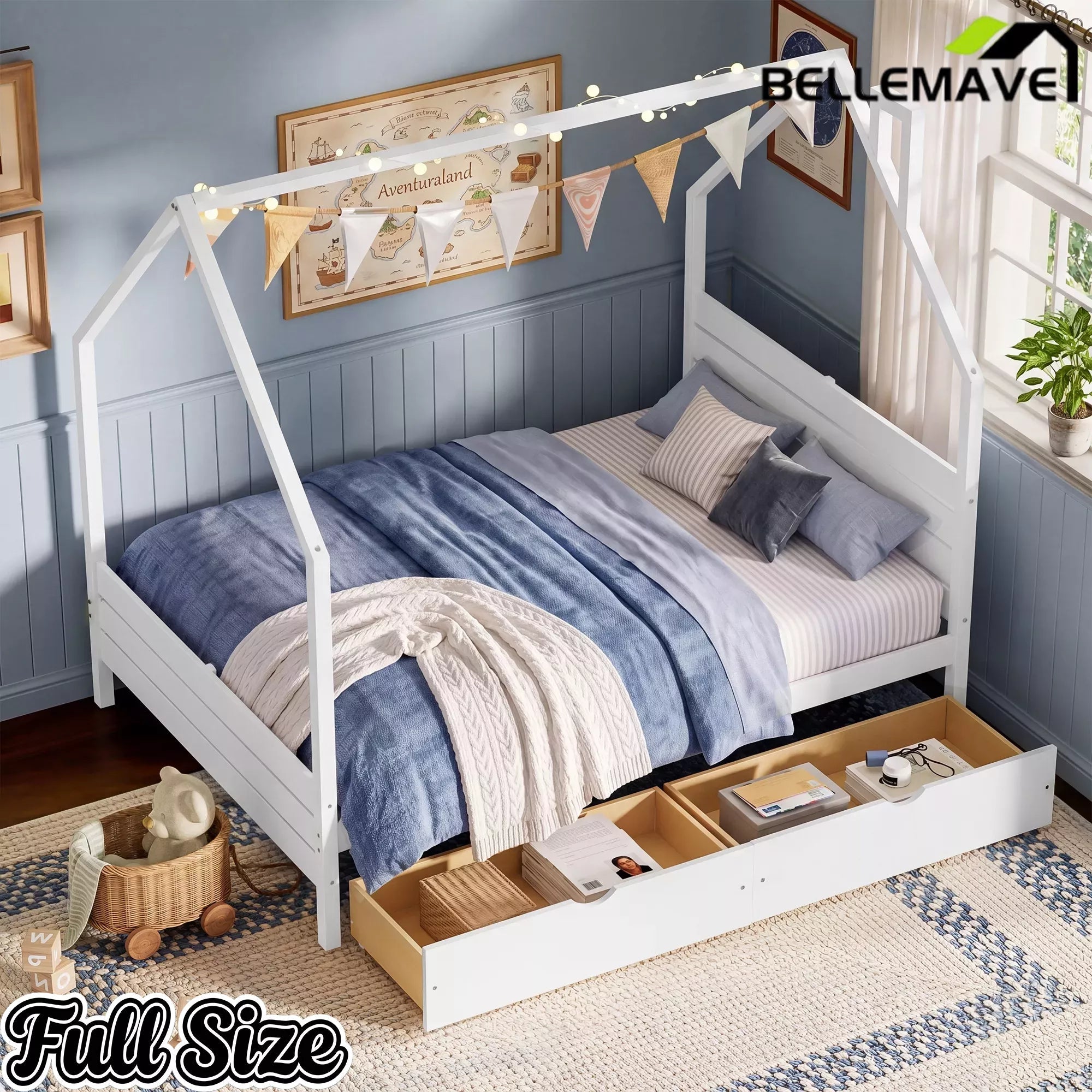 Bellemave® House Bed Frame with Roof, Kids Montessori Bed with Storage Drawers & Headboard, DIY House Bed, No Box Spring Needed - Bellemave