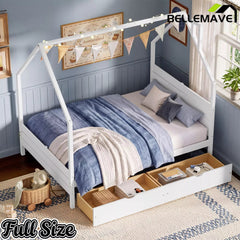 Bellemave® House Bed Frame with Roof, Kids Montessori Bed with Storage Drawers & Headboard, DIY House Bed, No Box Spring Needed - Bellemave
