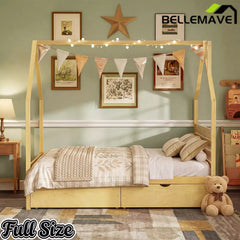 Bellemave® House Bed Frame with Roof, Kids Montessori Bed with Storage Drawers & Headboard, DIY House Bed, No Box Spring Needed - Bellemave