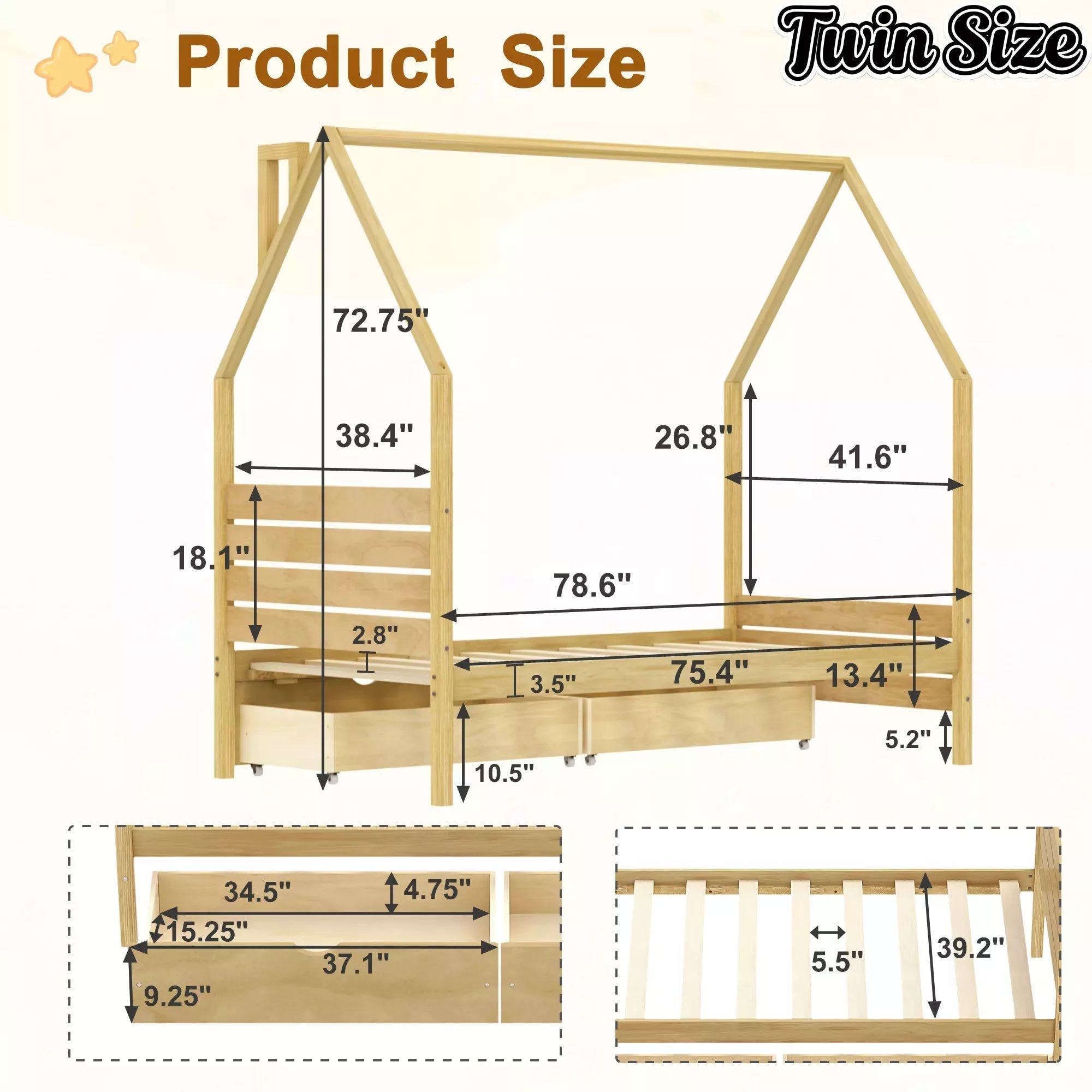 Bellemave® House Bed Frame with Roof, Kids Montessori Bed with Storage Drawers & Headboard, DIY House Bed, No Box Spring Needed - Bellemave