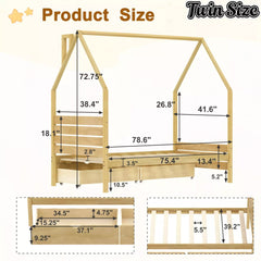 Bellemave® House Bed Frame with Roof, Kids Montessori Bed with Storage Drawers & Headboard, DIY House Bed, No Box Spring Needed - Bellemave