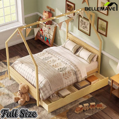 Bellemave® House Bed Frame with Roof, Kids Montessori Bed with Storage Drawers & Headboard, DIY House Bed, No Box Spring Needed - Bellemave