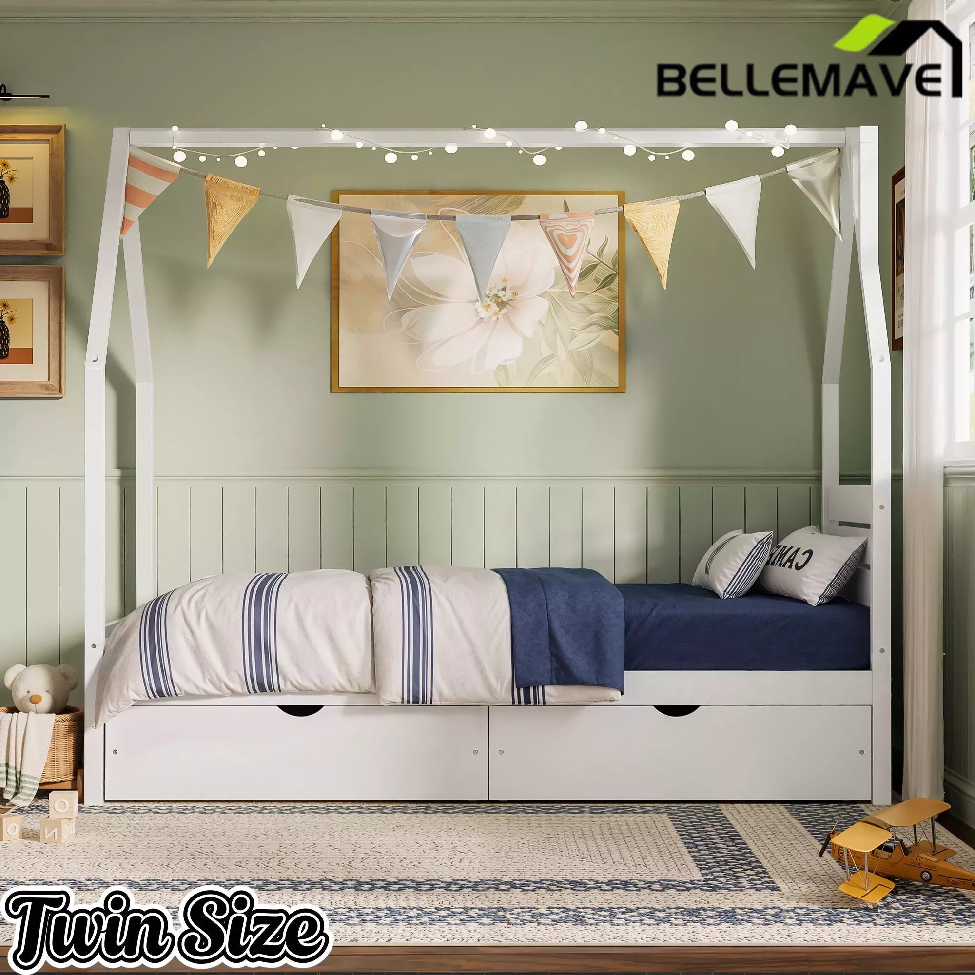 Bellemave® House Bed Frame with Roof, Kids Montessori Bed with Storage Drawers & Headboard, DIY House Bed, No Box Spring Needed - Bellemave