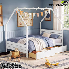 Bellemave® House Bed Frame with Roof, Kids Montessori Bed with Storage Drawers & Headboard, DIY House Bed, No Box Spring Needed - Bellemave