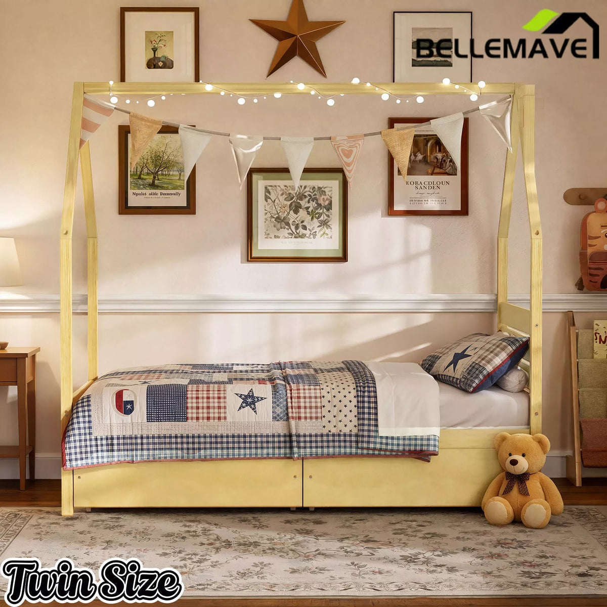 Bellemave® House Bed Frame with Roof, Kids Montessori Bed with Storage Drawers & Headboard, DIY House Bed, No Box Spring Needed - Bellemave