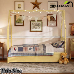 Bellemave® House Bed Frame with Roof, Kids Montessori Bed with Storage Drawers & Headboard, DIY House Bed, No Box Spring Needed - Bellemave