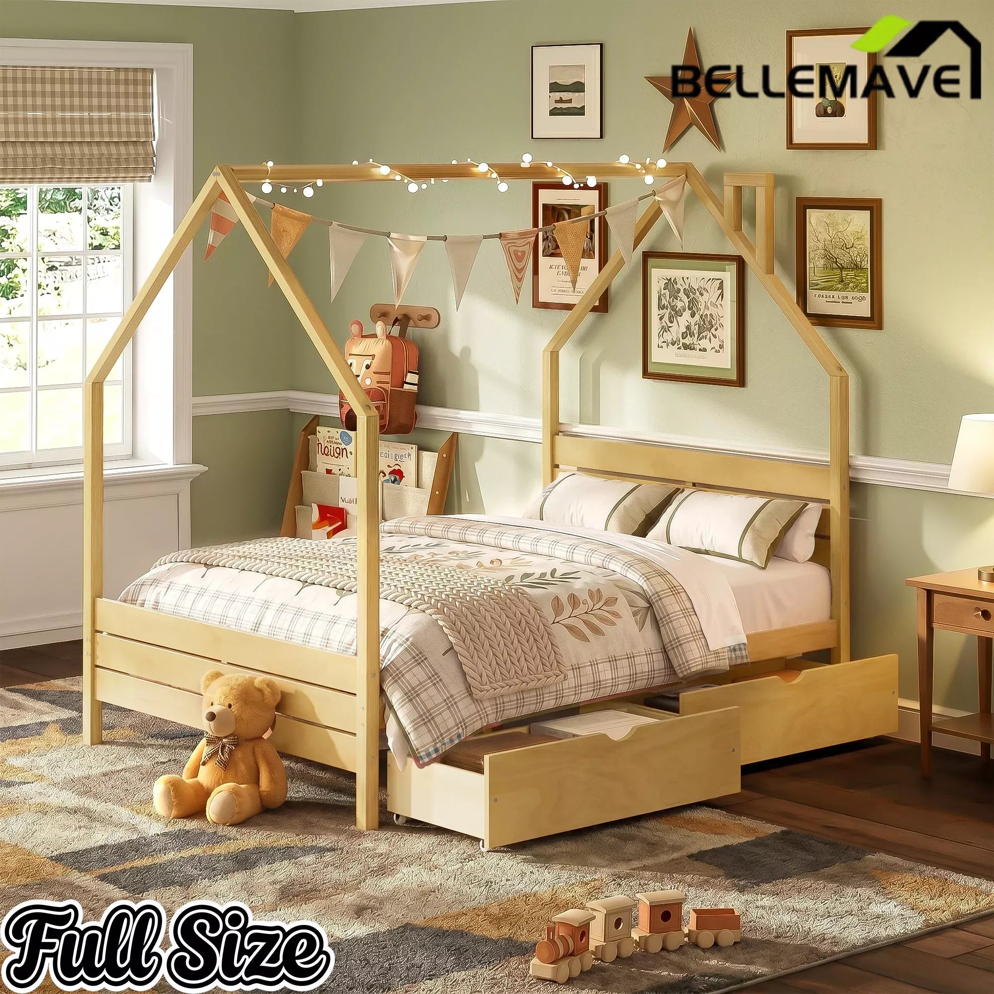 Bellemave® House Bed Frame with Roof, Kids Montessori Bed with Storage Drawers & Headboard, DIY House Bed, No Box Spring Needed - Bellemave