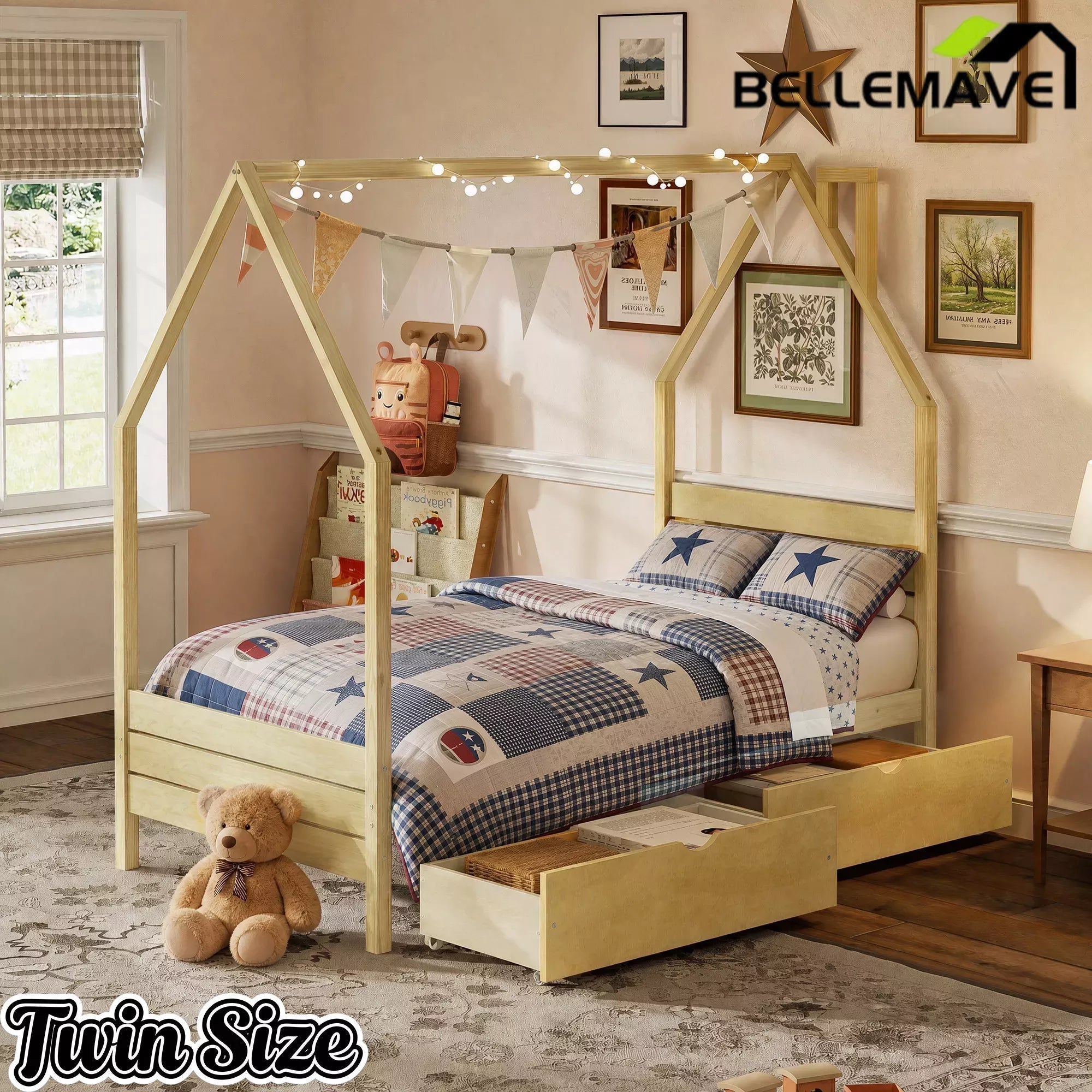 Bellemave® House Bed Frame with Roof, Kids Montessori Bed with Storage Drawers & Headboard, DIY House Bed, No Box Spring Needed - Bellemave