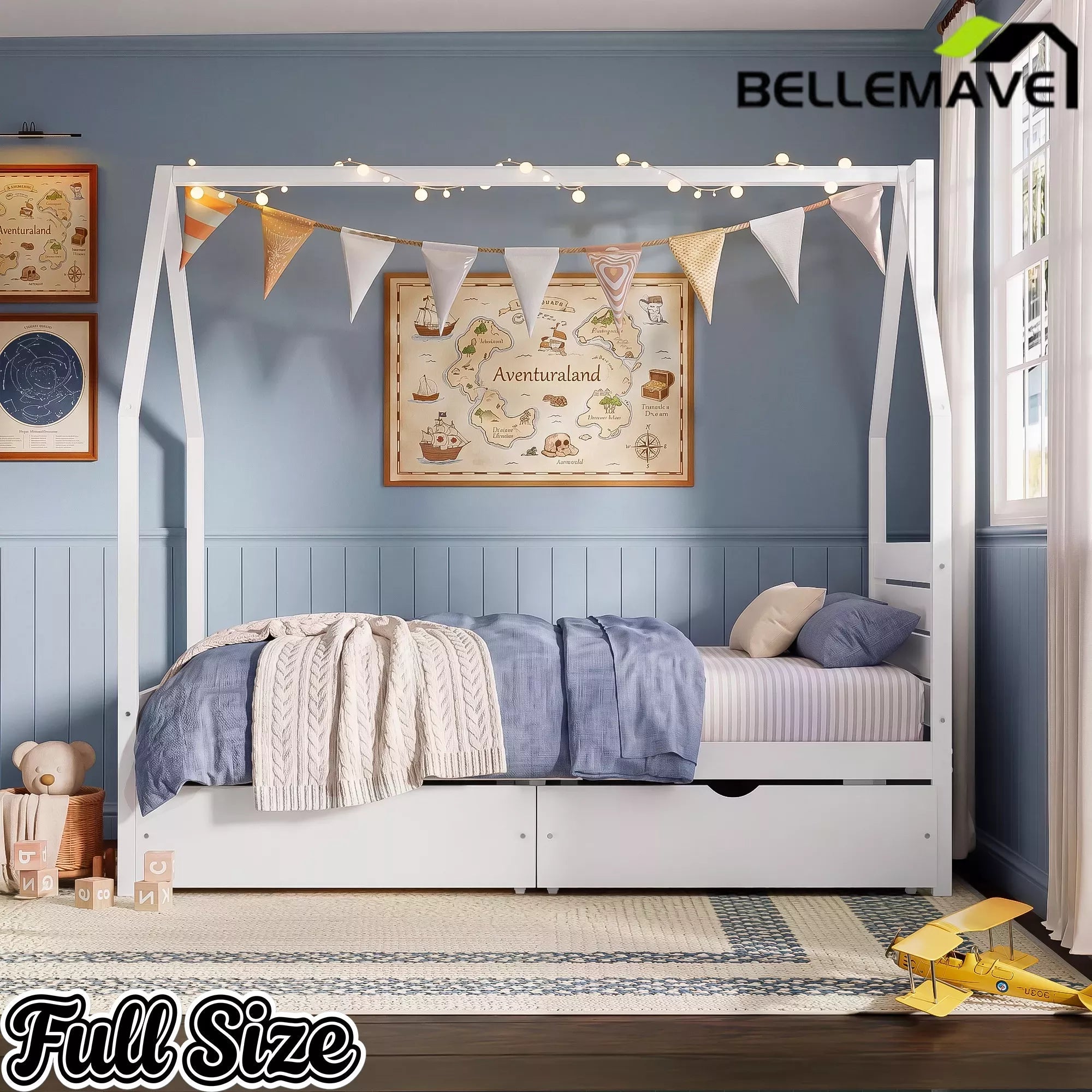 Bellemave® House Bed Frame with Roof, Kids Montessori Bed with Storage Drawers & Headboard, DIY House Bed, No Box Spring Needed - Bellemave