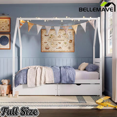 Bellemave® House Bed Frame with Roof, Kids Montessori Bed with Storage Drawers & Headboard, DIY House Bed, No Box Spring Needed - Bellemave