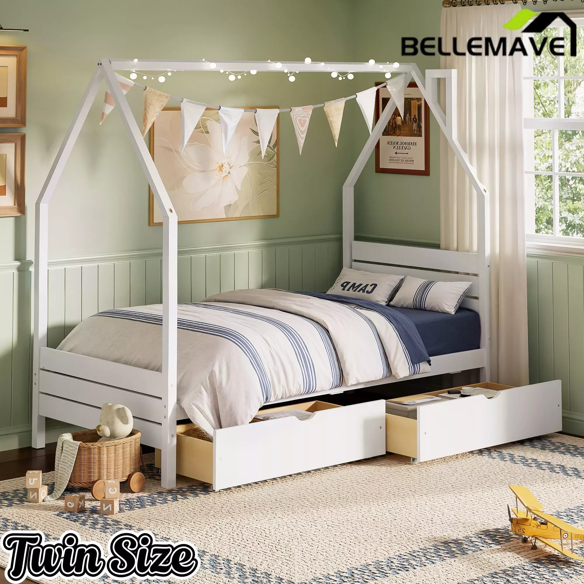 Bellemave® House Bed Frame with Roof, Kids Montessori Bed with Storage Drawers & Headboard, DIY House Bed, No Box Spring Needed - Bellemave