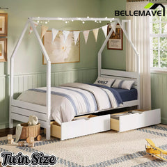 Bellemave® House Bed Frame with Roof, Kids Montessori Bed with Storage Drawers & Headboard, DIY House Bed, No Box Spring Needed - Bellemave
