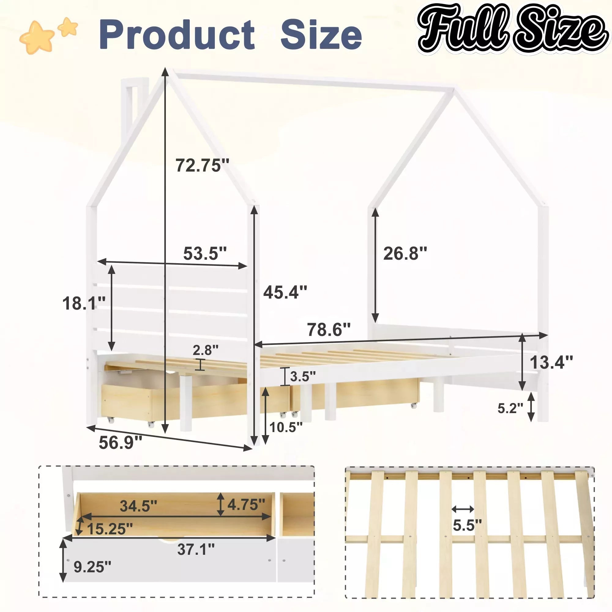 Bellemave® House Bed Frame with Roof, Kids Montessori Bed with Storage Drawers & Headboard, DIY House Bed, No Box Spring Needed - Bellemave