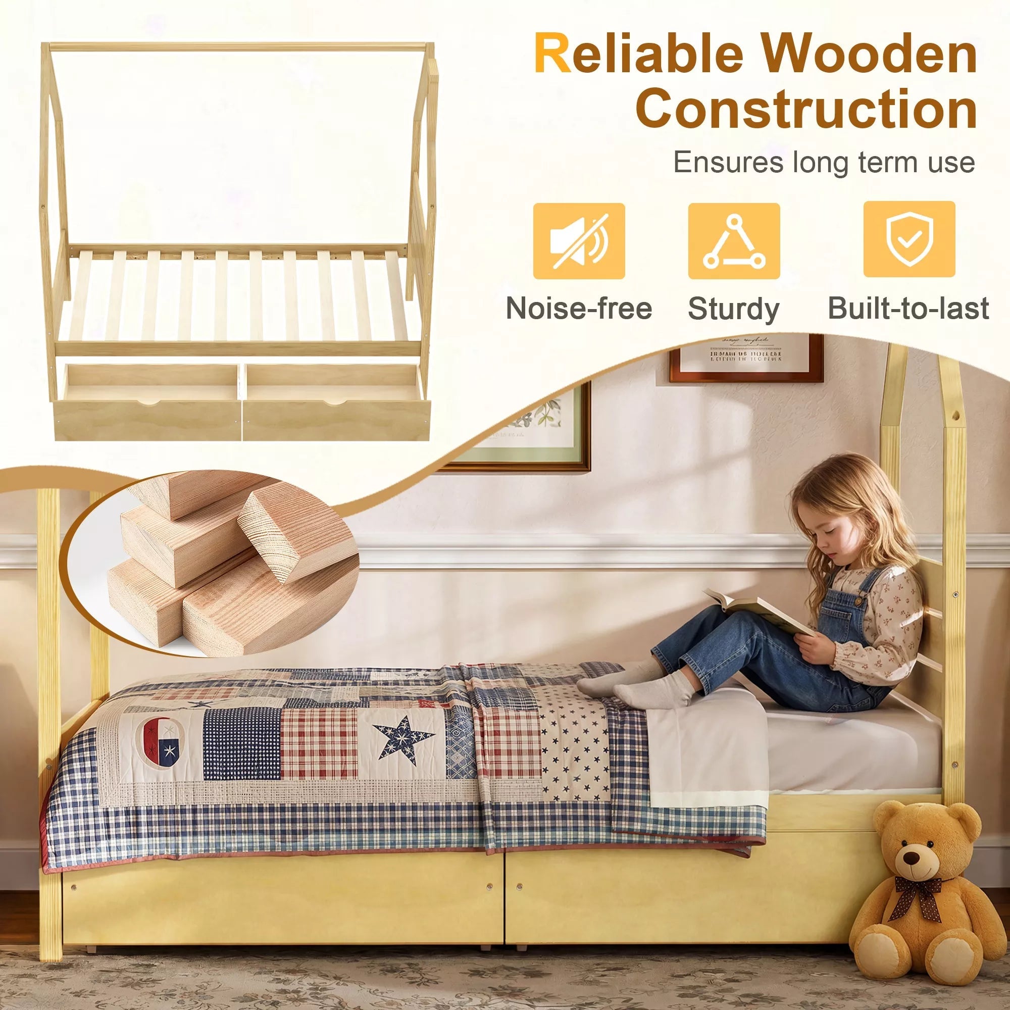 Bellemave® House Bed Frame with Roof, Kids Montessori Bed with Storage Drawers & Headboard, DIY House Bed, No Box Spring Needed - Bellemave
