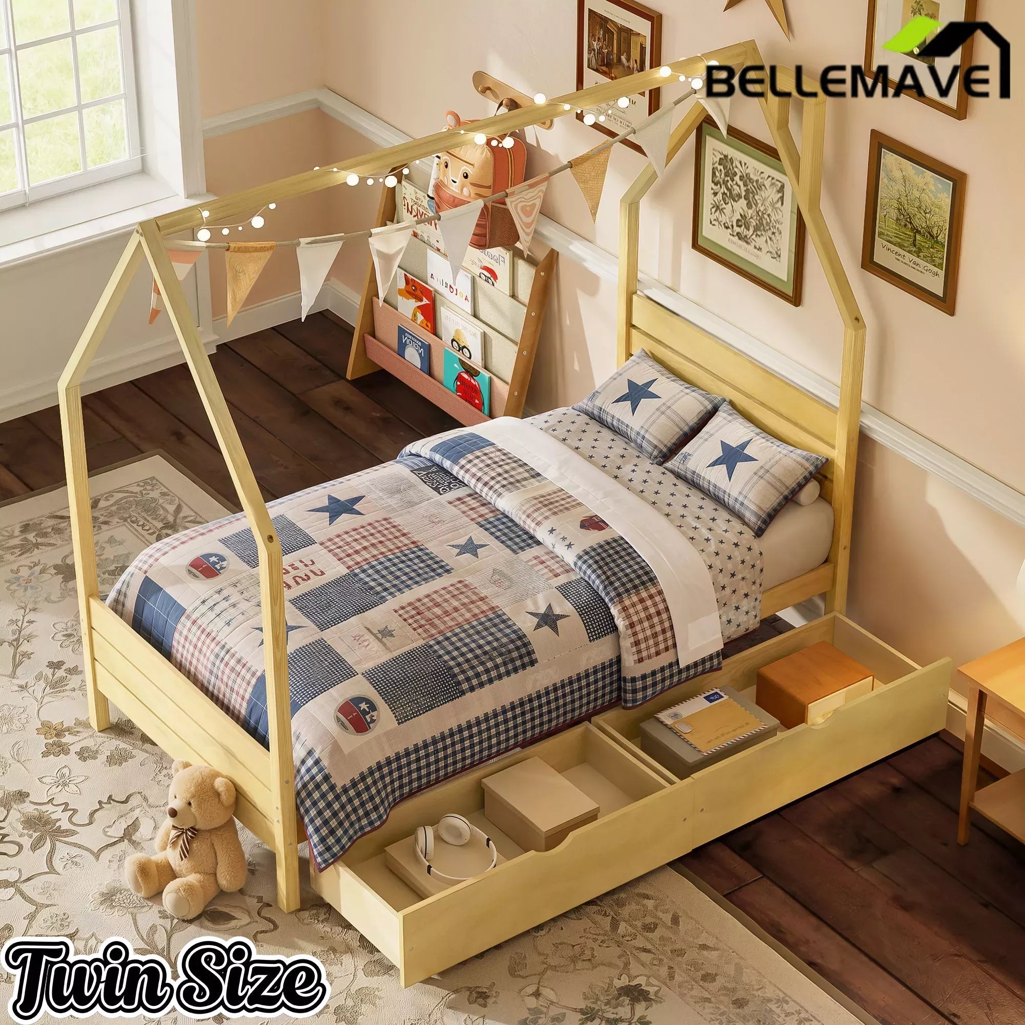 Bellemave® House Bed Frame with Roof, Kids Montessori Bed with Storage Drawers & Headboard, DIY House Bed, No Box Spring Needed - Bellemave
