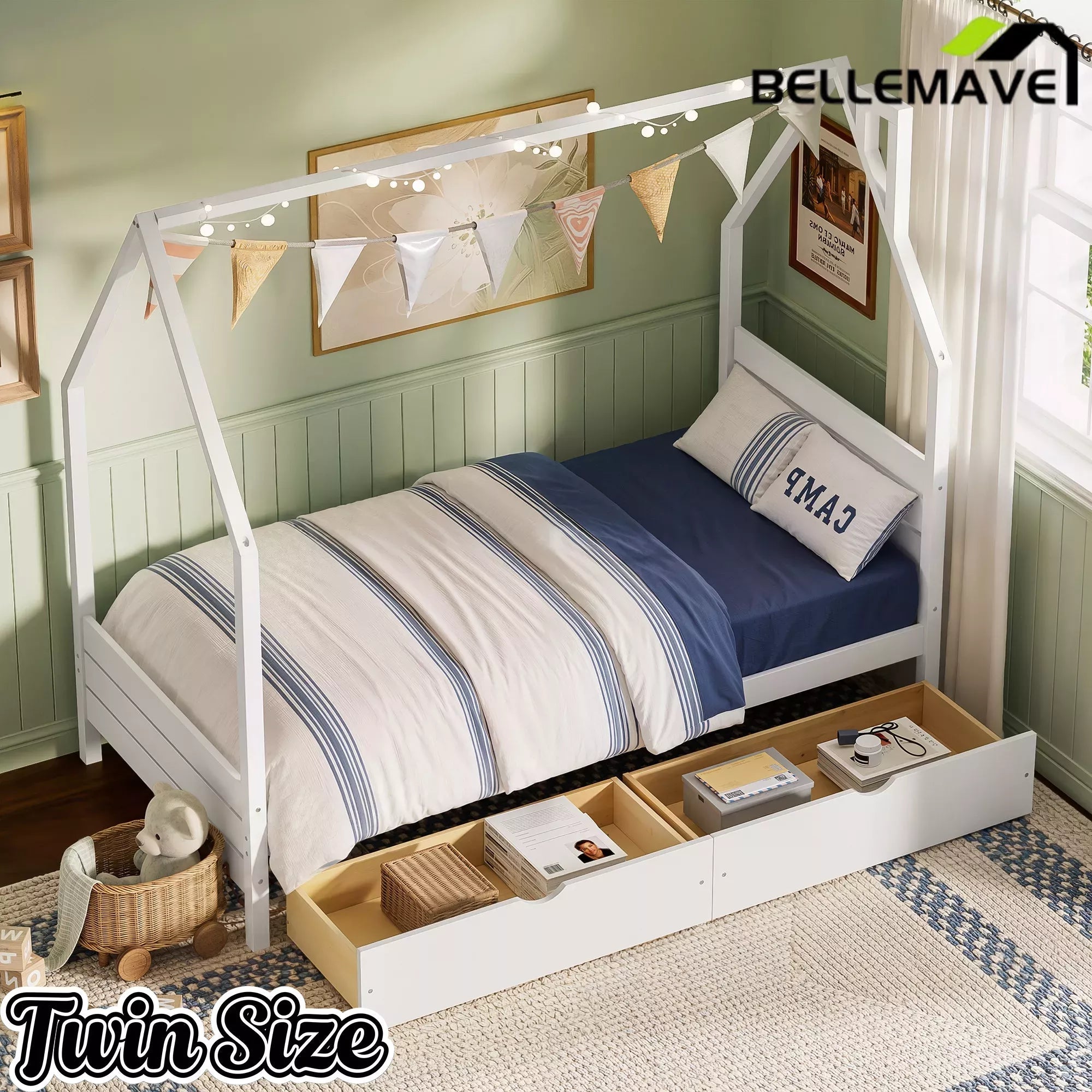 Bellemave® House Bed Frame with Roof, Kids Montessori Bed with Storage Drawers & Headboard, DIY House Bed, No Box Spring Needed - Bellemave