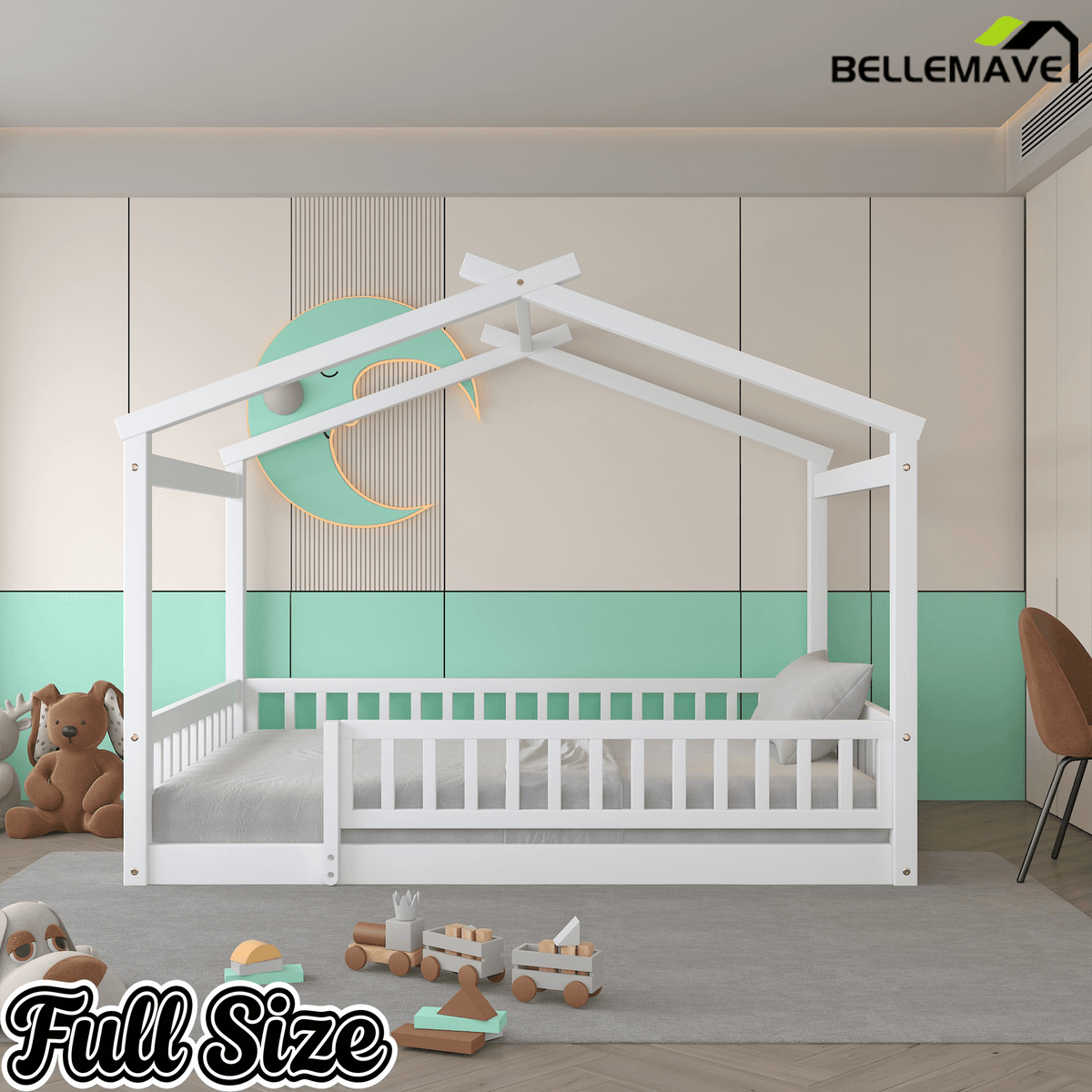 Bellemave® House Bed Full Size Floor Bed with Fence Railings, Wooden Montessori Style Bed Frame for Kids, White - Bellemave