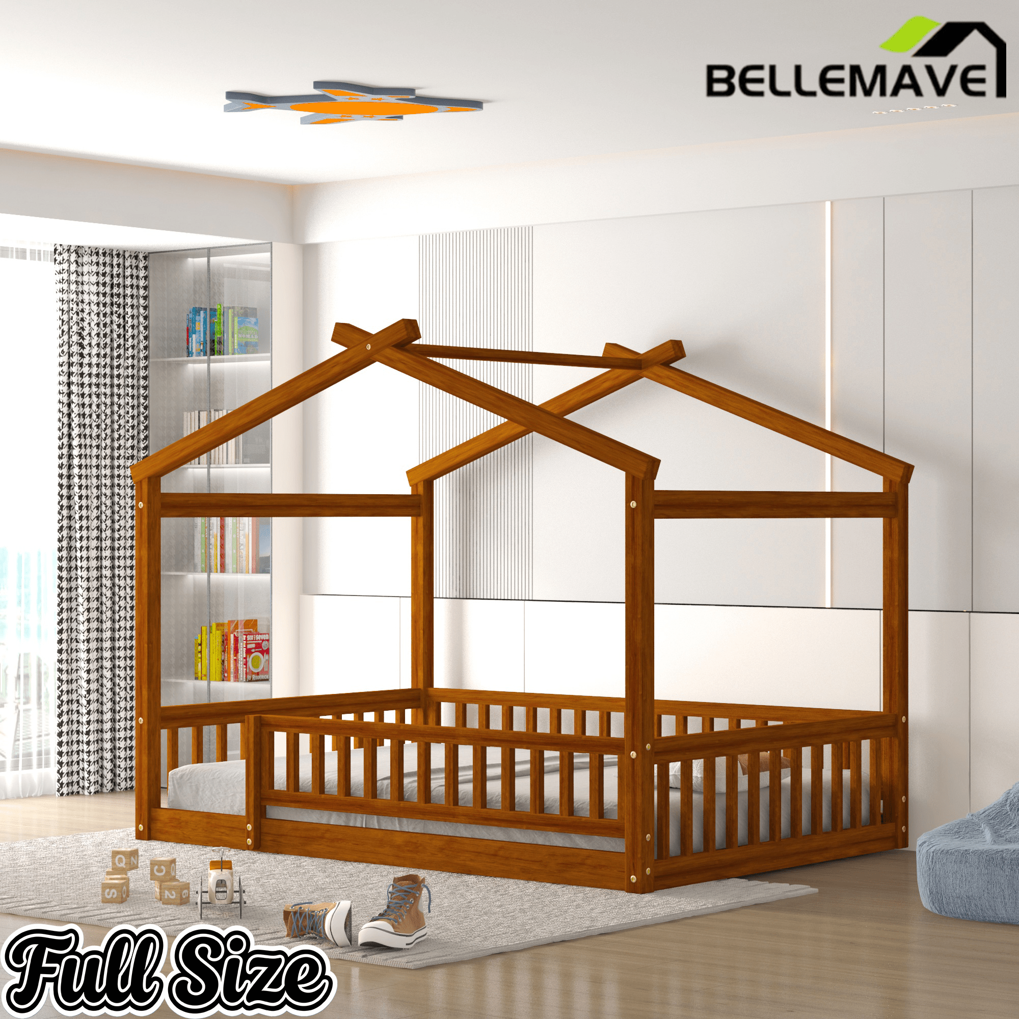 Bellemave® House Bed Full Size Floor Bed with Fence Railings, Wooden Montessori Style Bed Frame for Kids, White - Bellemave