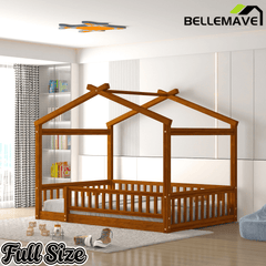Bellemave® House Bed Full Size Floor Bed with Fence Railings, Wooden Montessori Style Bed Frame for Kids, White - Bellemave