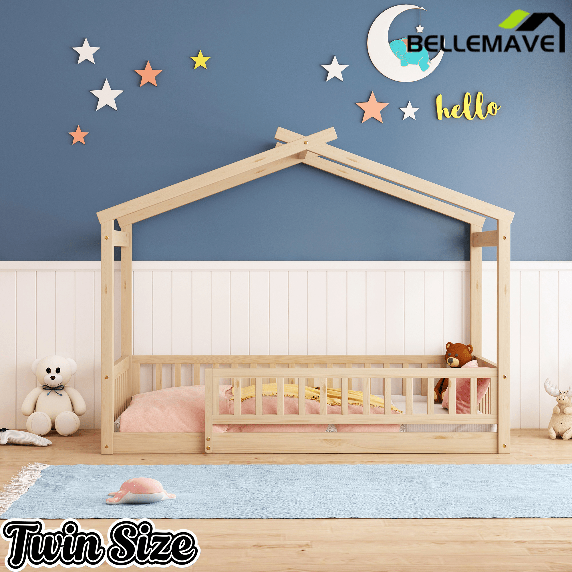 Bellemave® House Bed Full Size Floor Bed with Fence Railings, Wooden Montessori Style Bed Frame for Kids, White - Bellemave