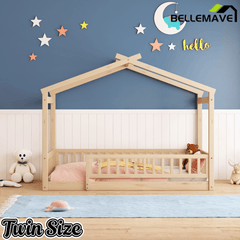 Bellemave® House Bed Full Size Floor Bed with Fence Railings, Wooden Montessori Style Bed Frame for Kids, White - Bellemave