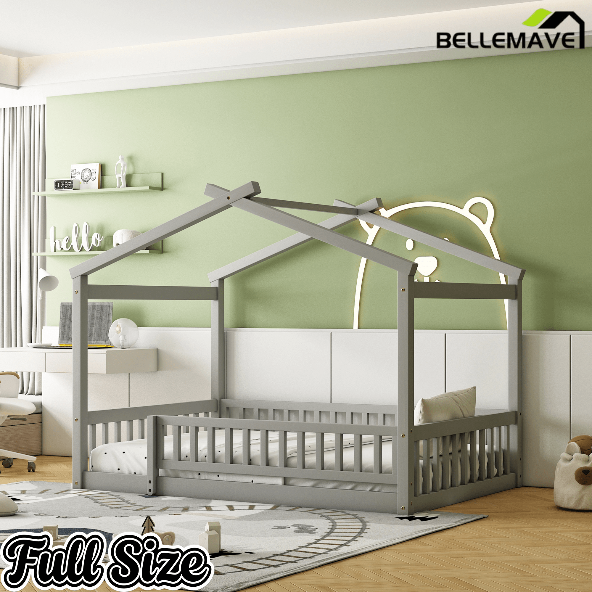 Bellemave® House Bed Full Size Floor Bed with Fence Railings, Wooden Montessori Style Bed Frame for Kids, White - Bellemave