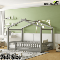 Bellemave® House Bed Full Size Floor Bed with Fence Railings, Wooden Montessori Style Bed Frame for Kids, White - Bellemave