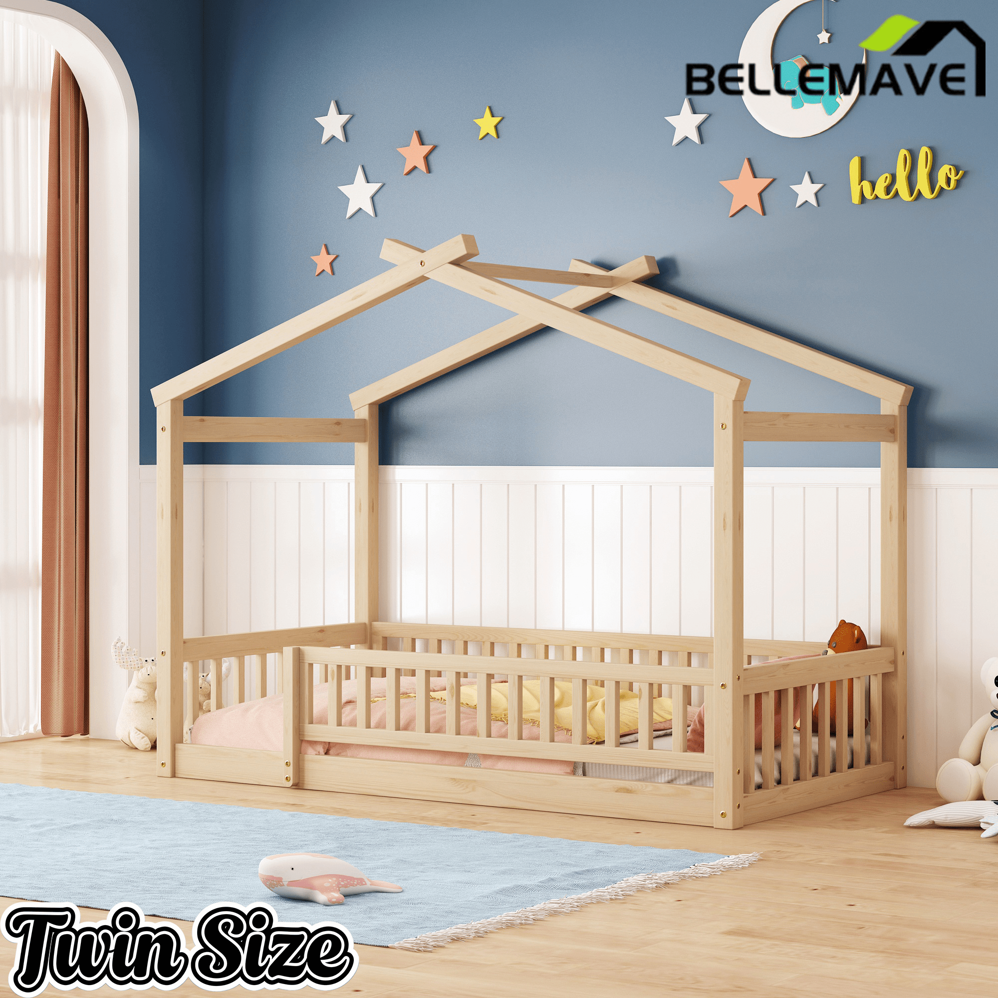 Bellemave® House Bed Full Size Floor Bed with Fence Railings, Wooden Montessori Style Bed Frame for Kids, White - Bellemave
