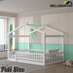 Bellemave® House Bed Full Size Floor Bed with Fence Railings, Wooden Montessori Style Bed Frame for Kids, White - Bellemave
