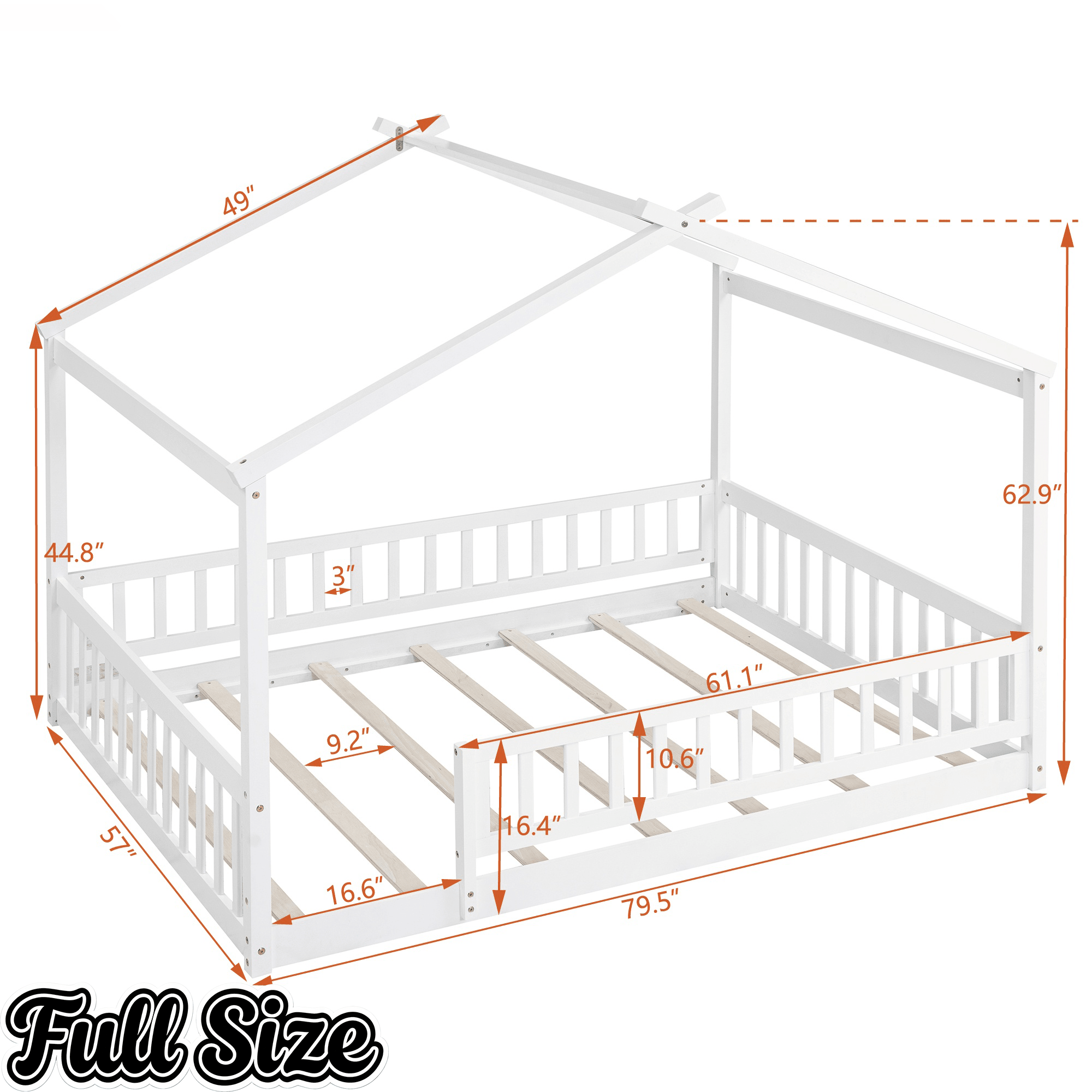 Bellemave® House Bed Full Size Floor Bed with Fence Railings, Wooden Montessori Style Bed Frame for Kids, White - Bellemave