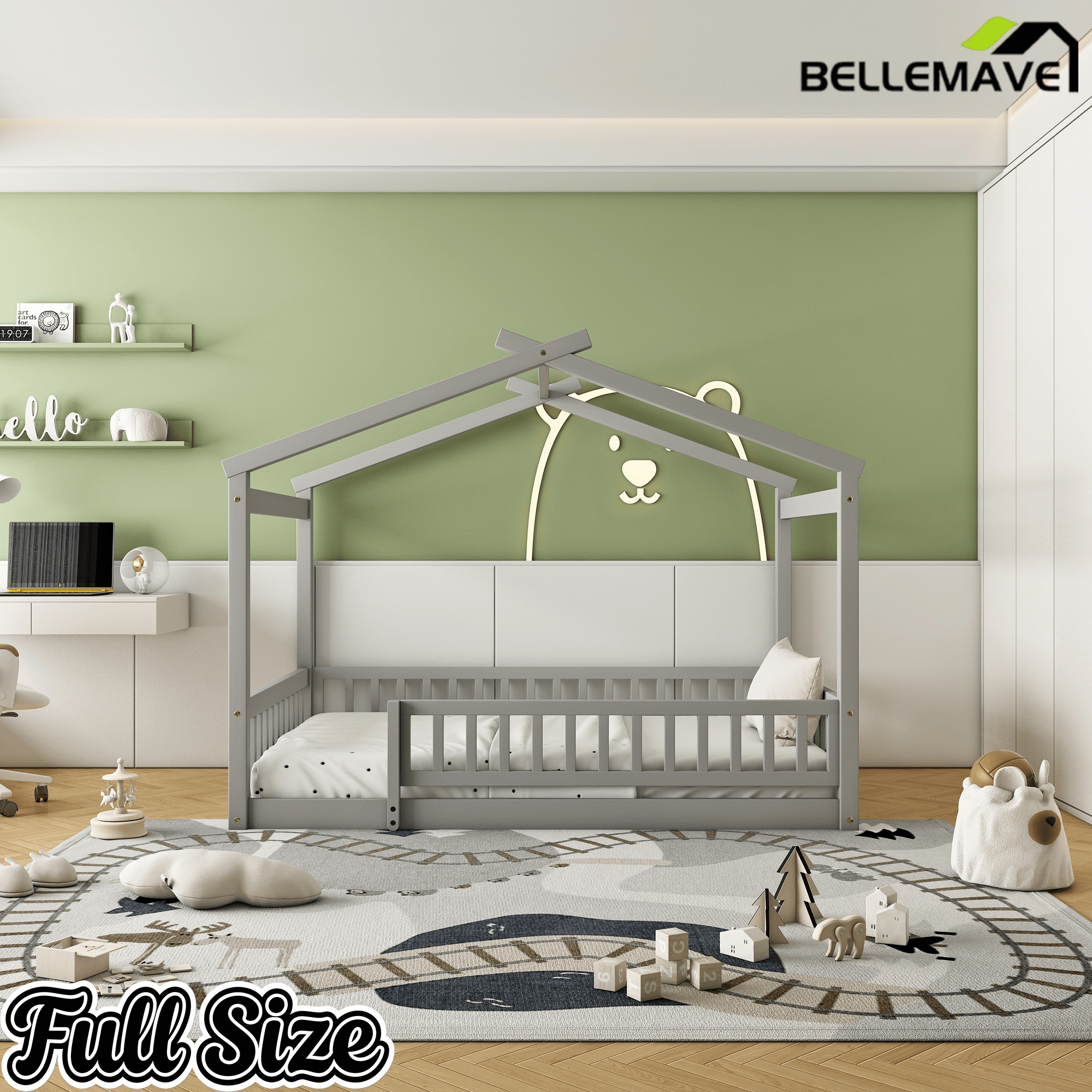 Bellemave® House Bed Full Size Floor Bed with Fence Railings, Wooden Montessori Style Bed Frame for Kids, White - Bellemave