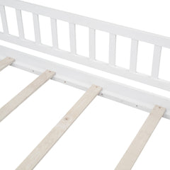 Bellemave® House Bed Full Size Floor Bed with Fence Railings, Wooden Montessori Style Bed Frame for Kids, White - Bellemave